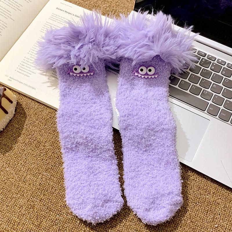 Crazy Big Mouth Monster Plush Socks Thickened Coral Fleece Cartoon Sleep Socks Winter Warm Soft Home Socks for Women Girls