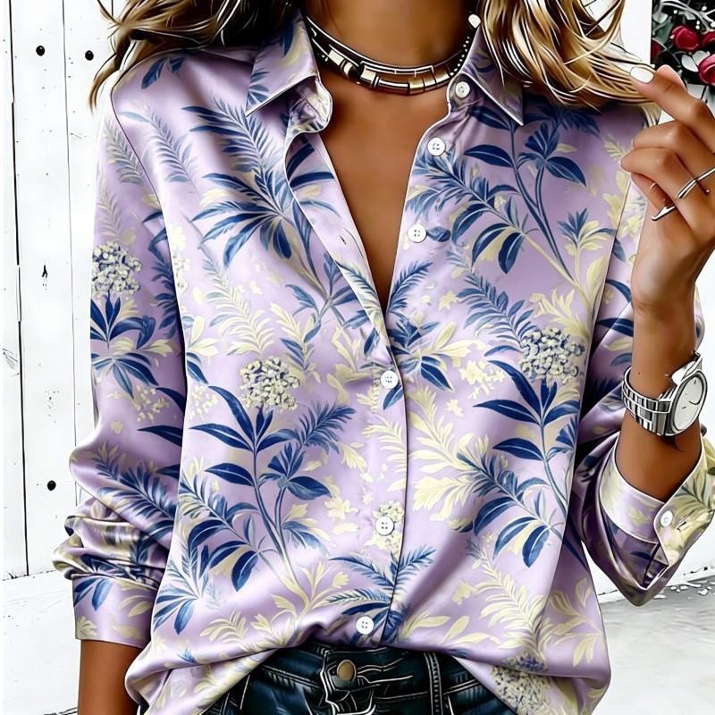 Dames Satin Lange Mouwen Shirt Vintage Blad Bloemenprint Blouse Kraag Enkelzijdig Sluiting Losse Kantoor Tops