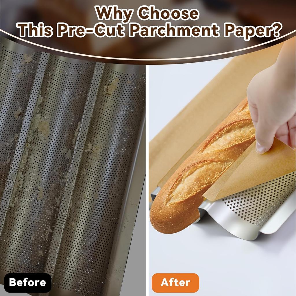 Unbleached Precut Parchment Paper for Baguette Bread Pan - 100-Pack Disposable Baking Sheets for Sourdough French Bread Pans, Non-Stick Baking