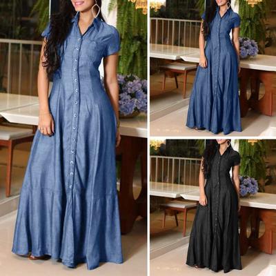 Vestido feminino lapela manga curta jeans patch bolso cintura alta babado bainha linha a elegante casual cor sólida vestido longo
