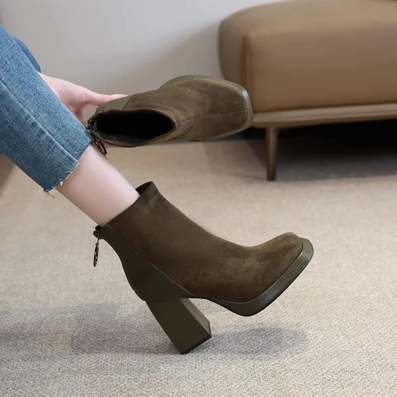 Fashion 2024 Autumn New Korean Fashion Round Head Zipper Women's Thick Bottom Square Toe Boots