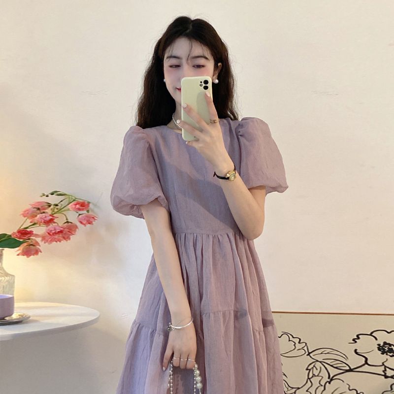

Платья с объемными рукавами Женские весенние и летние дизайнерские нишевые нежные и элегантные корейские длинные платья M фиолетовый