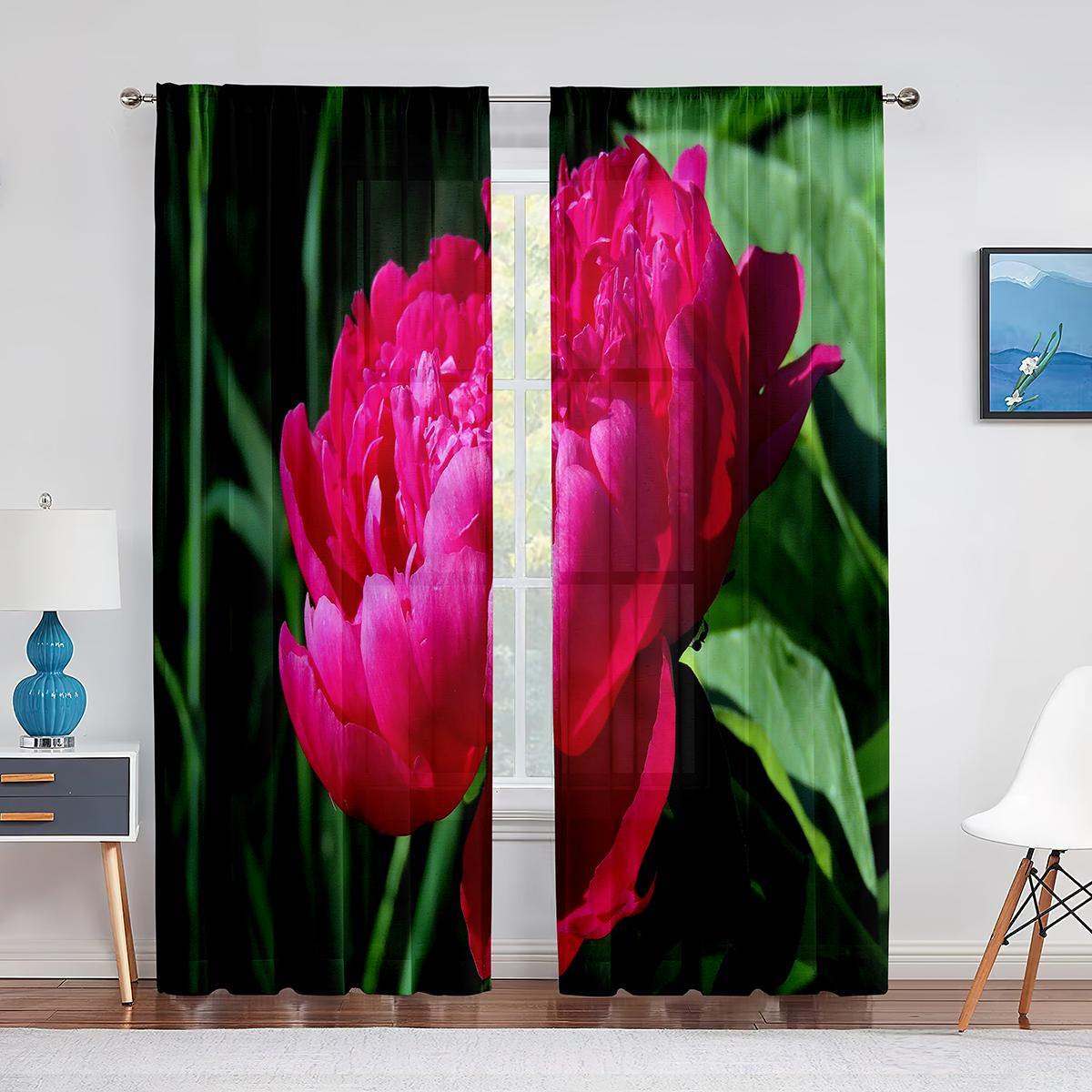 Тюлевые шторы с розовым пионом и зелеными листьями для гостиной — фото 12