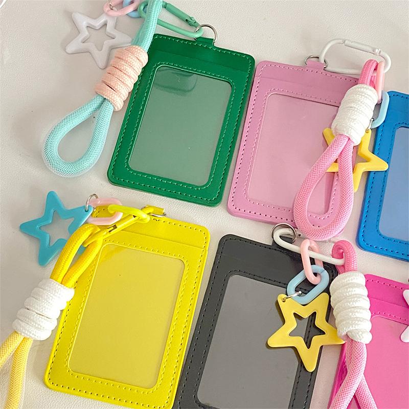 Portable Candy Color Pu Leather Business ID Card Credit Badge Holder Coin Purse Wallet Bus Cards Cover With Keychain