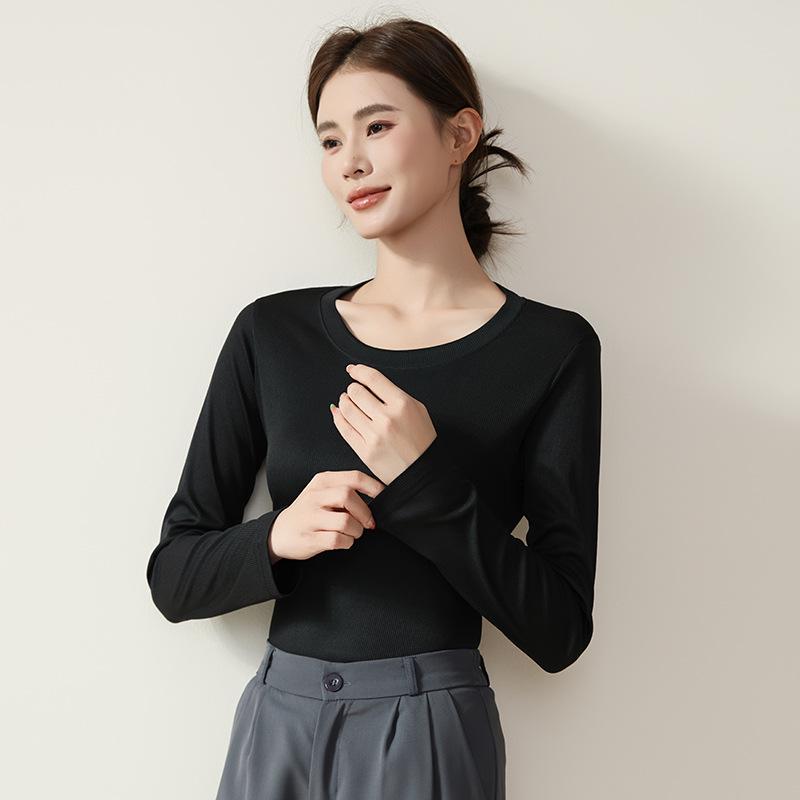 Women's Round Neck Ribbed Ice Silk Base Layer T-Shirt for Autumn/Winter - Slim Fit, Solid Color, Ideal for Yoga & Dance