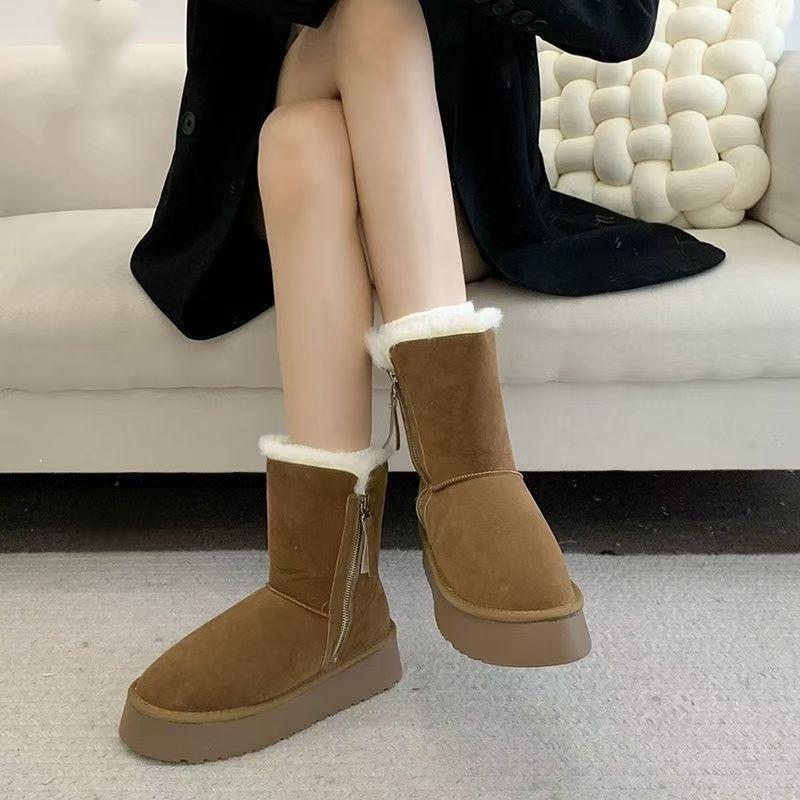 

замшевые теплые сноубутсы на толстой подошве водонепроницаемые и универсальные полусапоги 2025 зима новинка модные сапоги на молнии сбоку женская хлопковая обувь 40 темно-коричневого