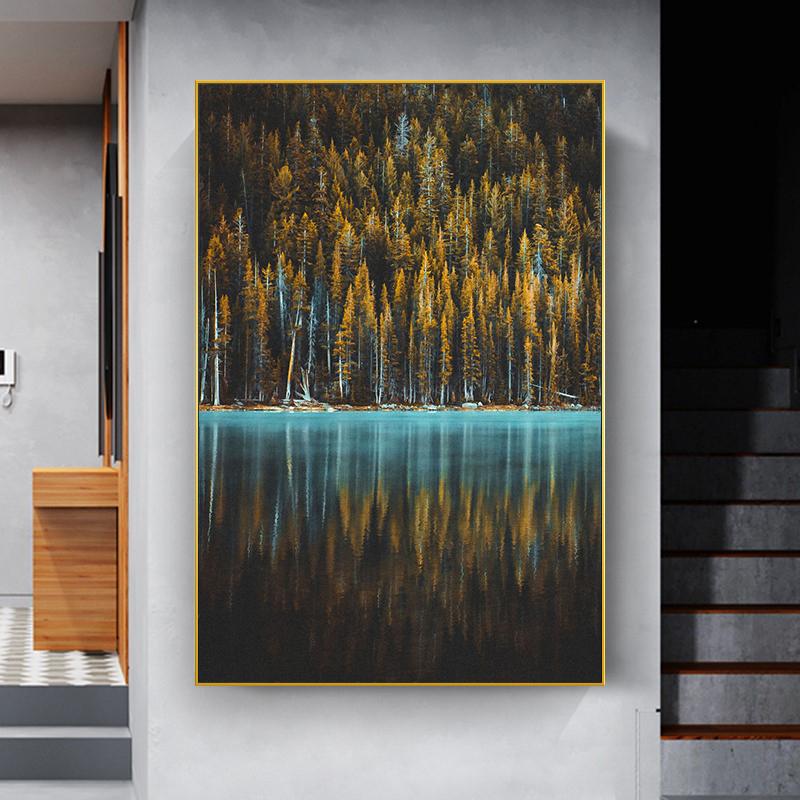 Nordisk Natur Landskap Grønn Skogsvei Fjellsjø Plakat Lerretsmaleri Veggkunst For Moderne Stue Hjem Dekorasjon