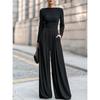 Damen Unifarbener High-Neck Langarm Jumpsuit mit weitem Bein 2026 Herbst Winter Eleganter Lässiger Strick-Overall