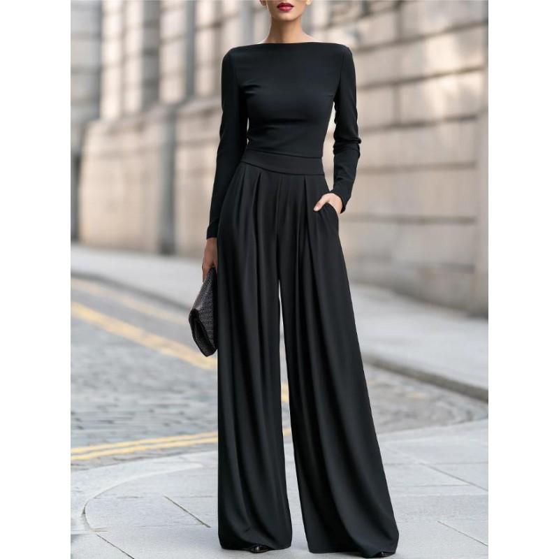 Damen Unifarbener High-Neck Langarm Jumpsuit mit weitem Bein 2026 Herbst Winter Eleganter Lässiger Strick-Overall