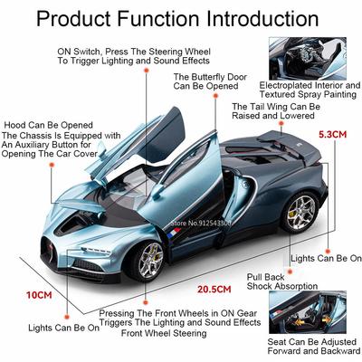 1:24 Tourbillon Bolide Sports Car Model Toy Music Light Pull Back Supercar Simulation Vehicles Toys Models Office Table Ornament