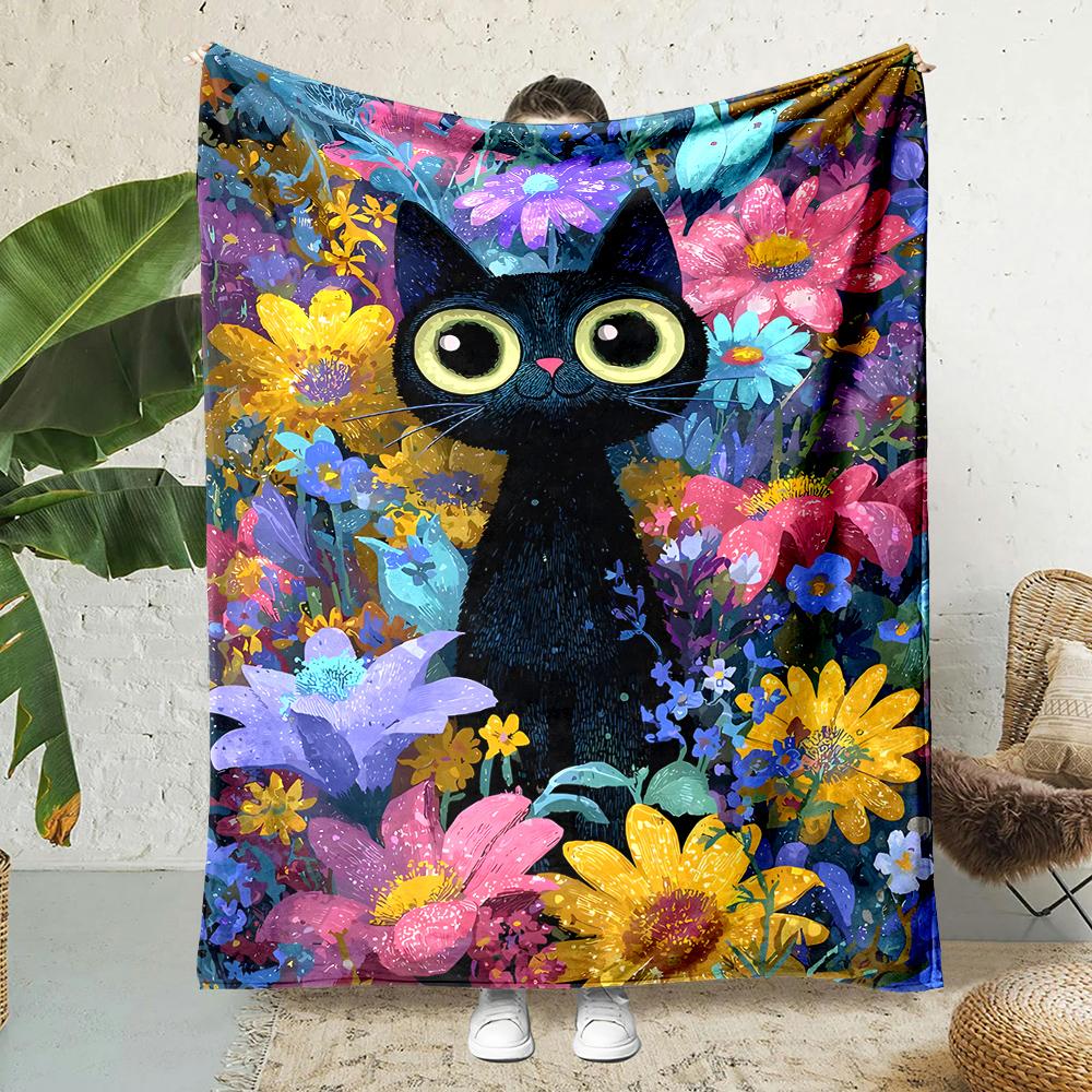Black cat big eyes floral dream Print Blanket Warm Soft Fluffy Kids and Adult Sofa Bed Throw Blanket Outdoor Travel Camping RV