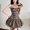2025 Retro Leopard Print Spaghetti Strap Dress: Slim Fit, High Waist Puff Skirt Mini