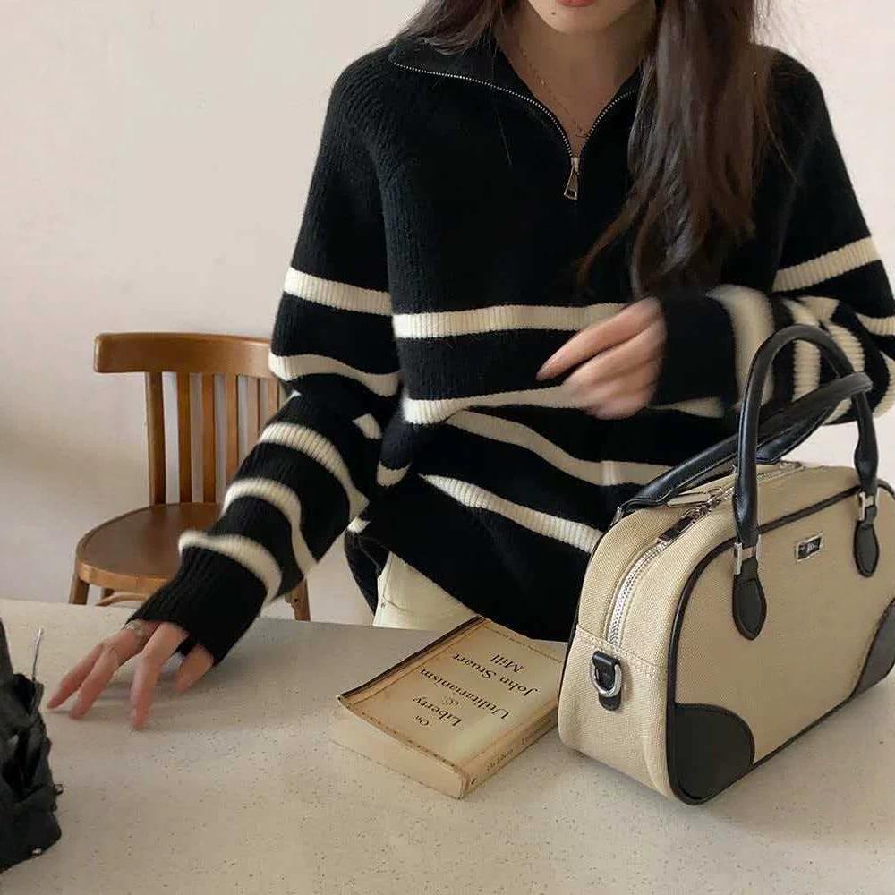 Korean Style Retro Half-Zip Striped Sweater for Women - 2026 Autumn New Arrival Knitwear Pullover
