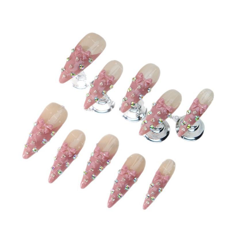 Handmade Press-On Nails Long Pointed French Style With Sweet Bow Rhinestone Decor Women