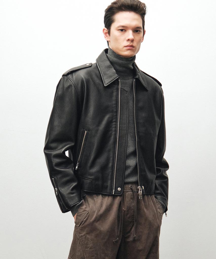Noirer Goat Shrunken Leather Single Rider Jacket (Black)