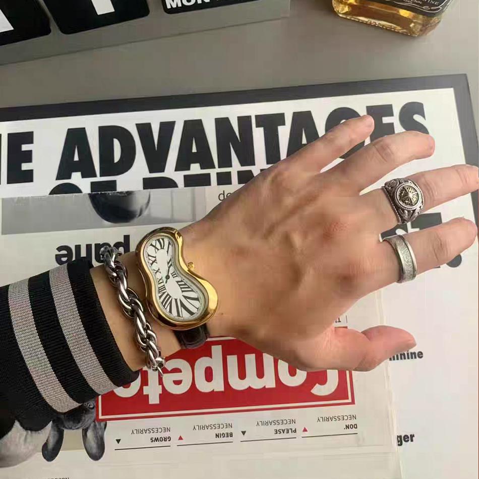 New Y2K Fashion Creative Men Women Soft Melting Silver Watch Luxury Streetstyle Irregular Shape Dial Unique Design Quartz Watch