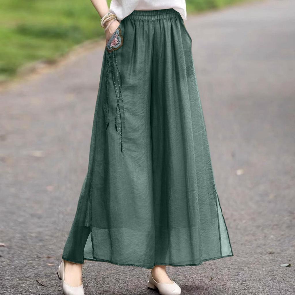 Damen Mode Doppellagige Weite Hosen Exquisite Bestickte Baumwolle Leinen Lässige Hosen
