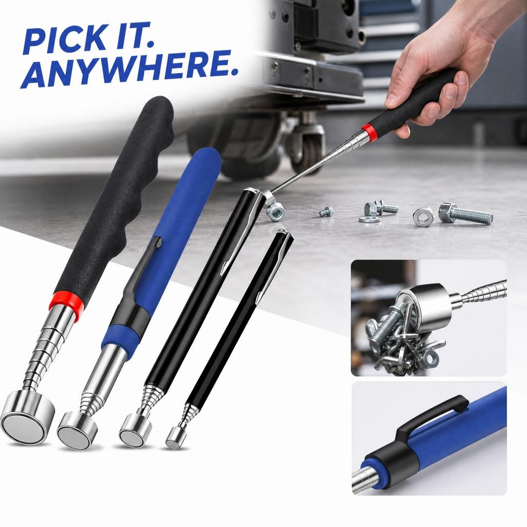 6- Telescoping Magnetic Pickup Tool with Extended, Retractable Sweeper for Dropped Objects