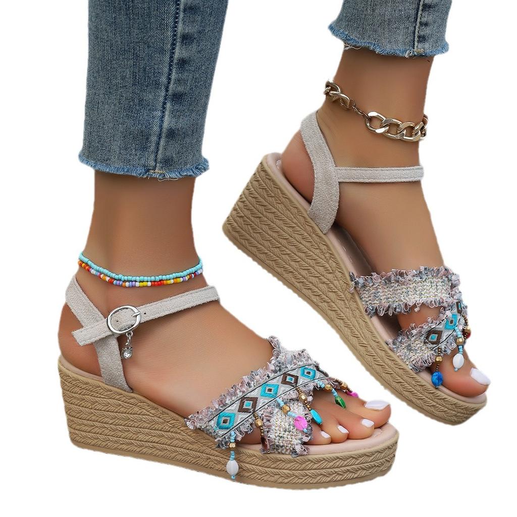 Letní sandály s křížovými pásky ve velkých velikostech, etnický styl, módní obuv, klínkový podpatek, sandály na silné podrážce