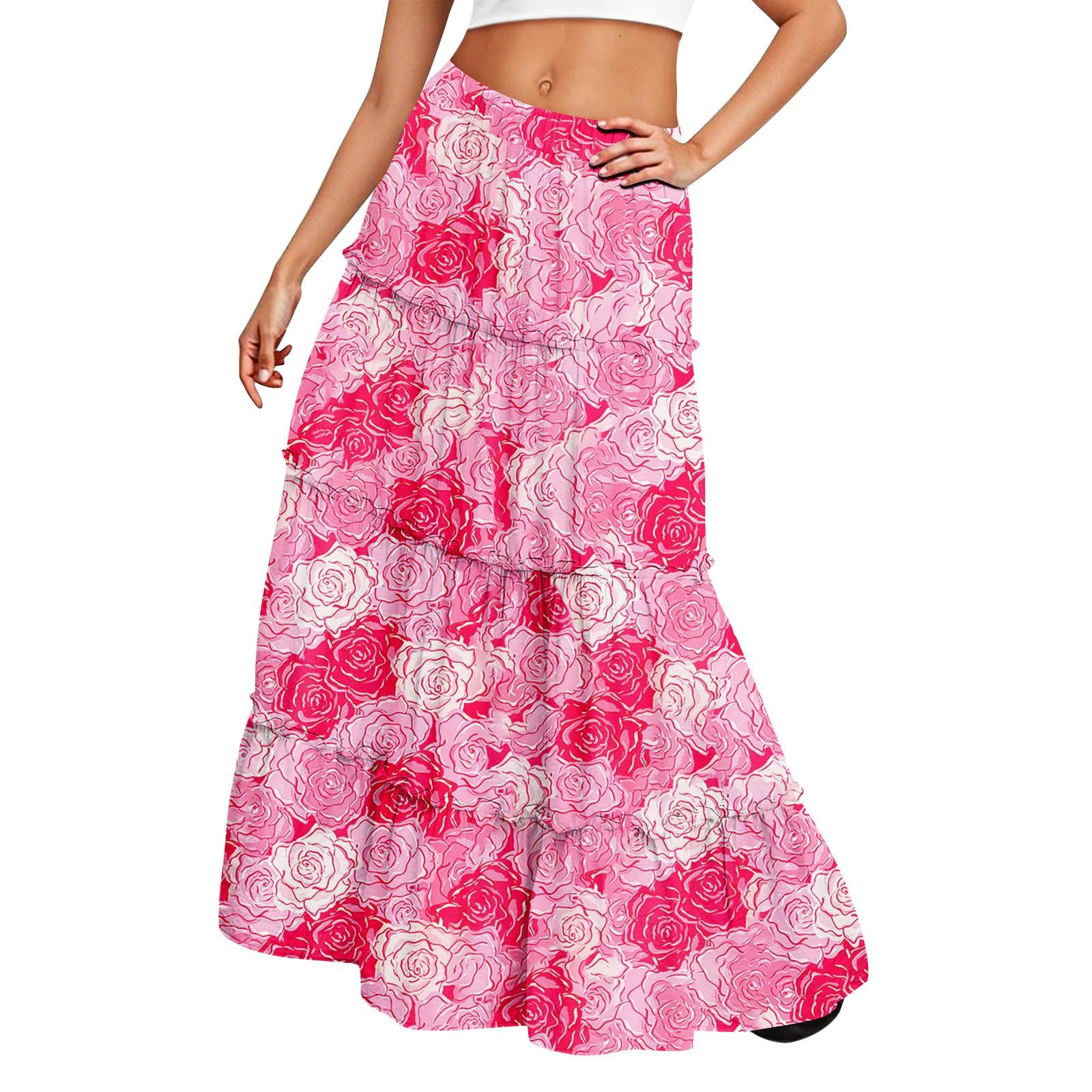 

Women s printed elastic waist loose hem long skirt L