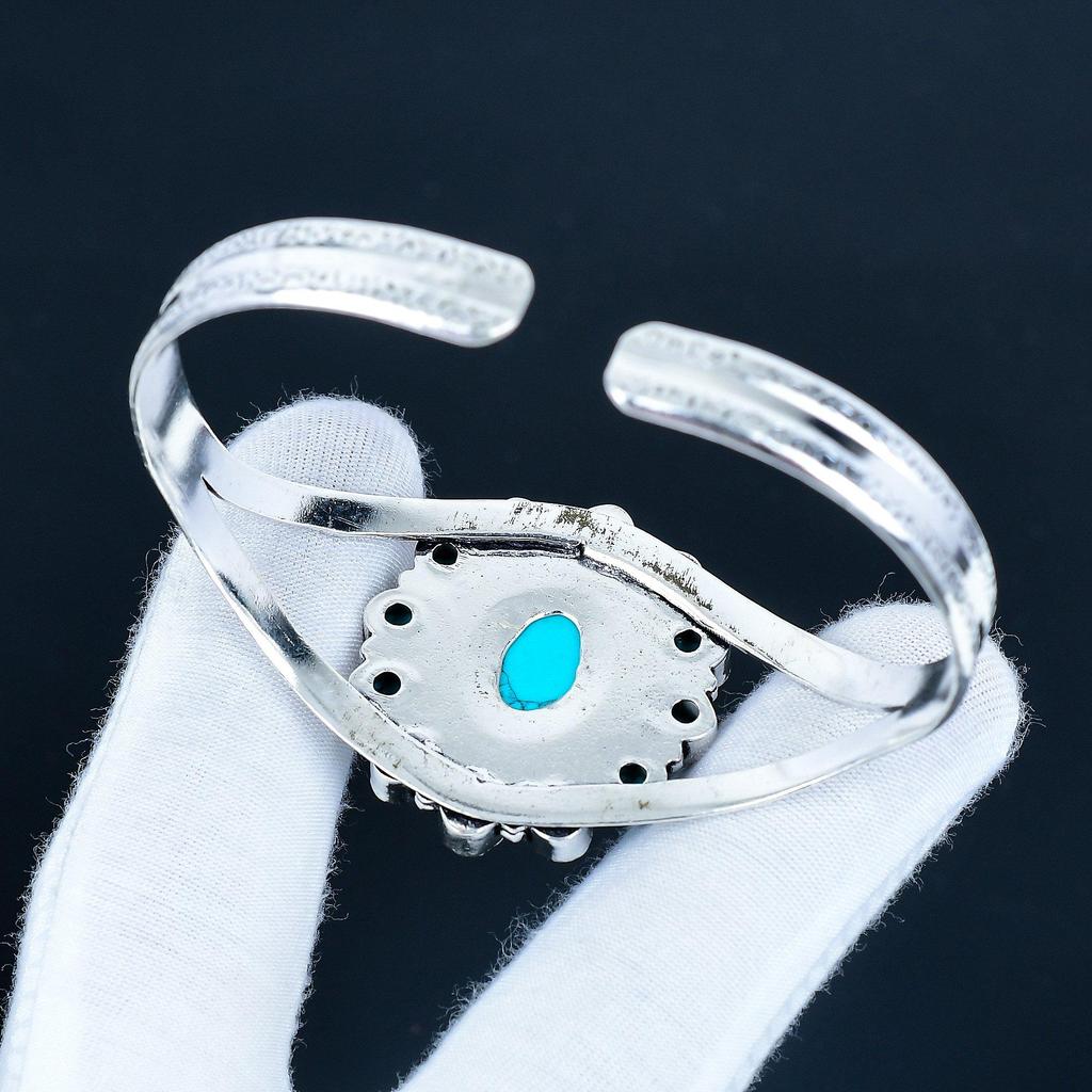 Natural Turquoise Gemstone Handmade Cuff Bangle 925 Sterling Silver Cuff Bangle, Turquoise Flower Shape Bracelet For Wife, Unisex Bangle