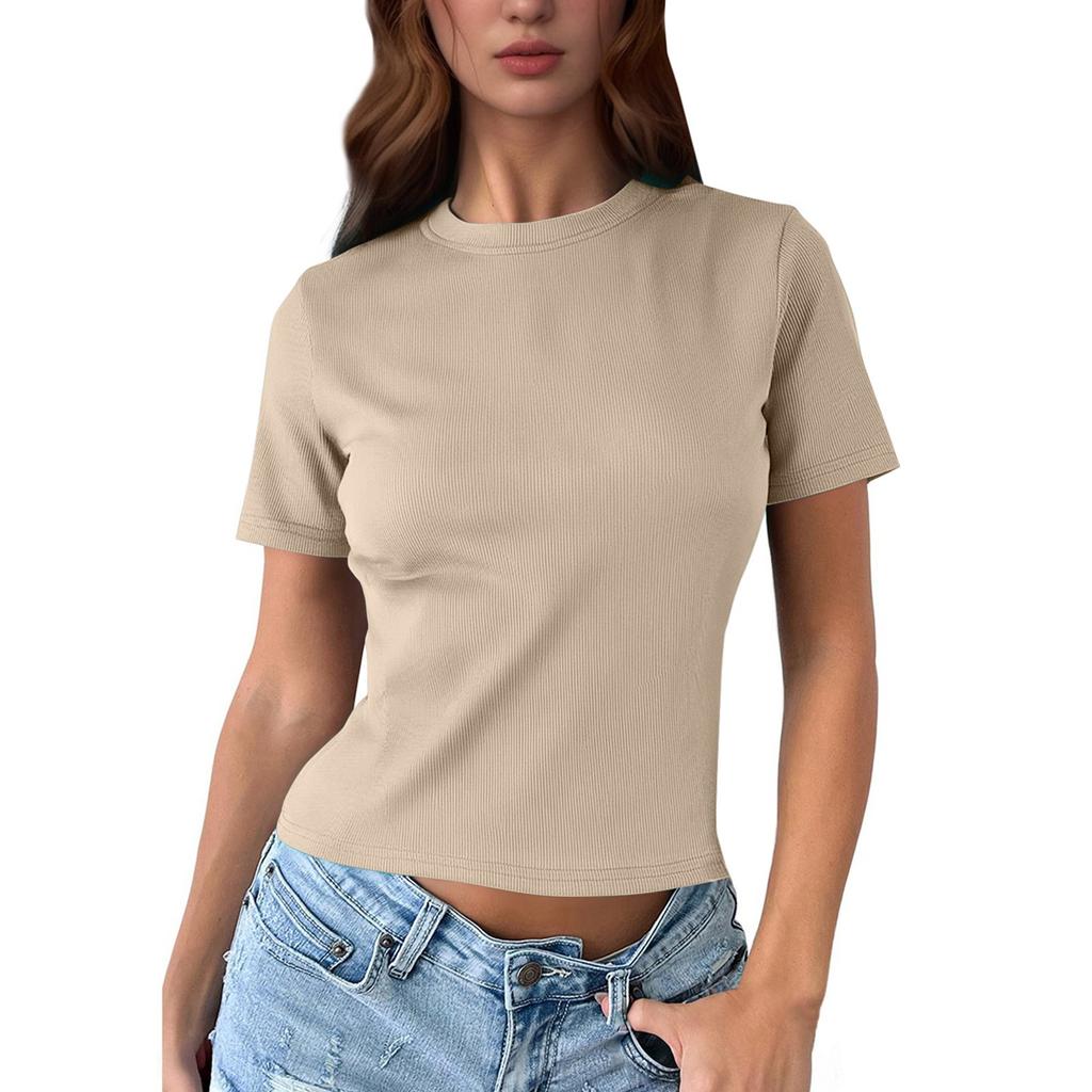 Dámská trička s krátkým rukávem a vroubkovaným výstřihem jaro ležérní volné základní trička
