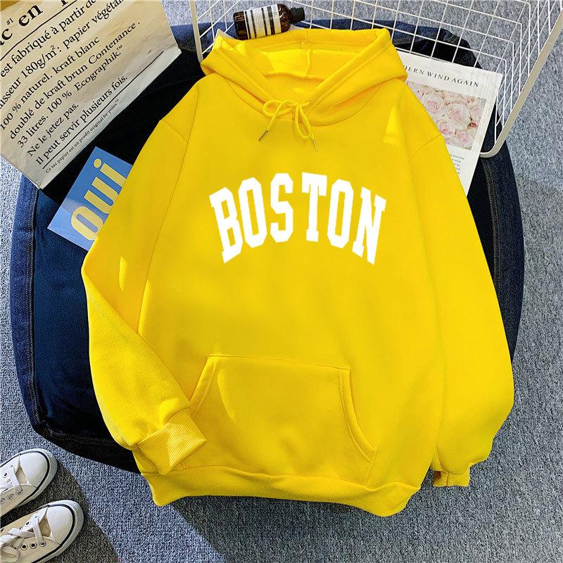 Women's Hooded Long Sleeve Sweatshirt Loose Fit Lazy Style Boston Letter Print Pullover Hoodie Vintage Autumn Winter Warm Outerwear
