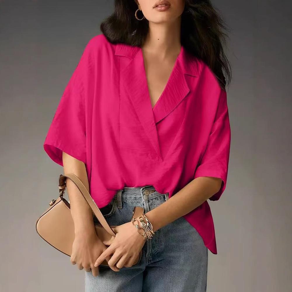 2025 Women's Casual Loose Short Sleeve Lapel Shirt - Solid Color, Summer Style