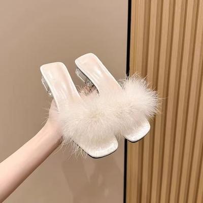 2025 Summer New French Temperament Versatile Sandals High Heels Small Thick Heels Hairy Slippers for Women