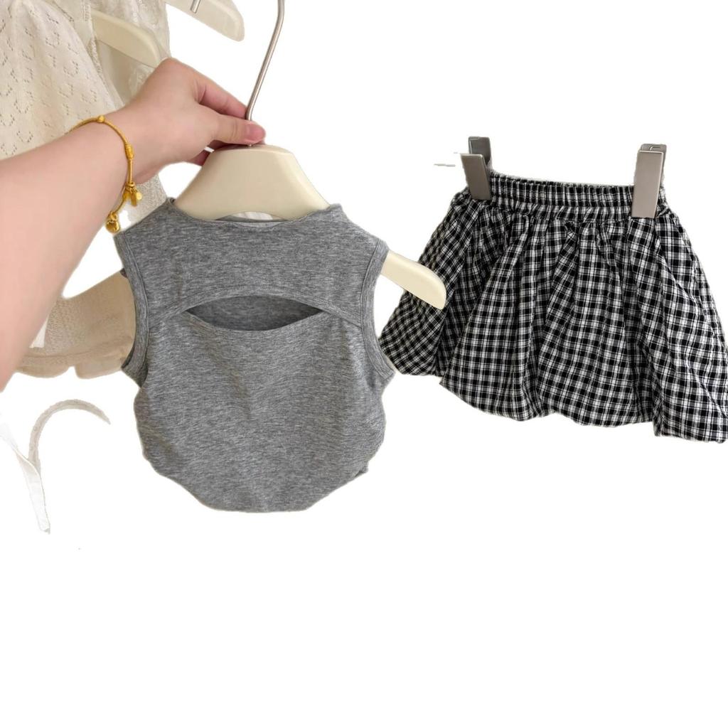 Set de vară 2025 pentru fete: Vesta gri și fustă tutu cu buline