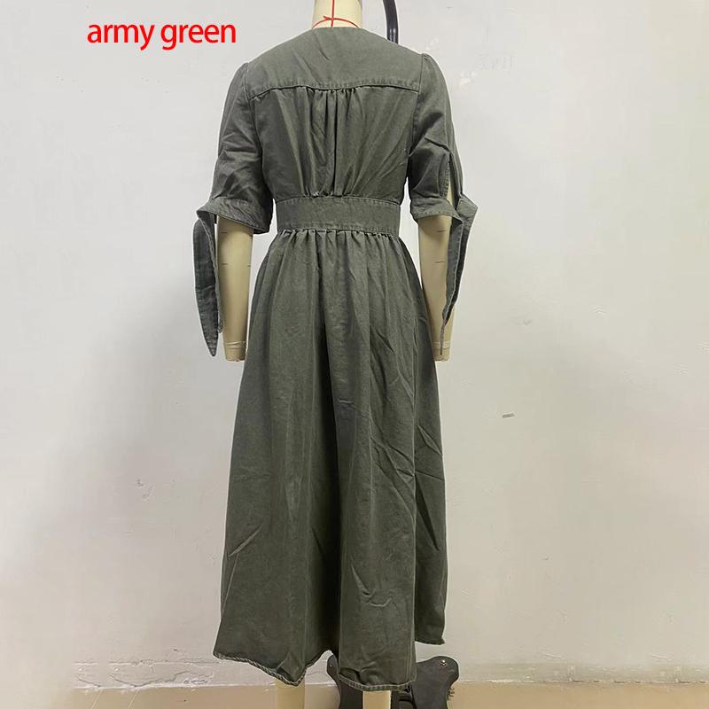 Fashion Sexy V-neck Denim Dress Women's Single Breasted Half Sleeved A-line Dress Solid Color Commute Minimalist Dresses Spring and Summer New