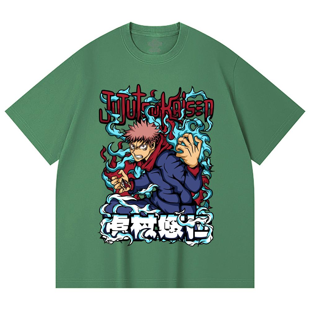 230 Gsm 100% Cotton Jujutsu Kaisen V50 Yuji Print Unisex Heavy Cotton T Shirt