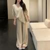 1116 Spring and Summer New Minimalist Knitted Suit Women's Casual Loose V-neck Short-sleeved Top + Wide-leg Pants Two-piece Set