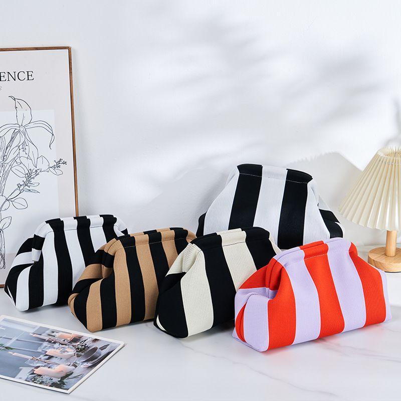 New Knitted Handbag Striped Cloud Large Capacity Daily Versatile Contrasting Color Clip Bag