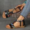 Mode 2025 Été Bohème Ethnique Sandales Femme Fermeture Éclair Romaines Femme Grande Taille Sandales Plates Chaussures Cuir Velours Rome Flock Pu Tongs
