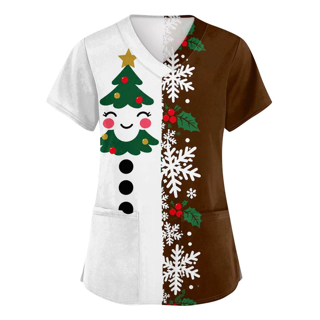 Women's V-Neck Short Sleeve Scrub Top with Christmas Print, Casual Caregiver Uniform