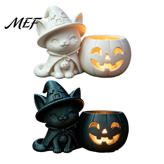 Holiday Atmosphere Ornaments Halloween Black Cat Pumpkin Candlestick, 3D Printed Witch Candle Creative Gift for Friends Holder with