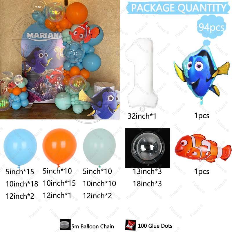 94pcs Finding Nemo Fish Foil Balloon Clownfish Dory Ocean Sea Balloon Column 32inch White Number Birthday Party Decorat Supplies