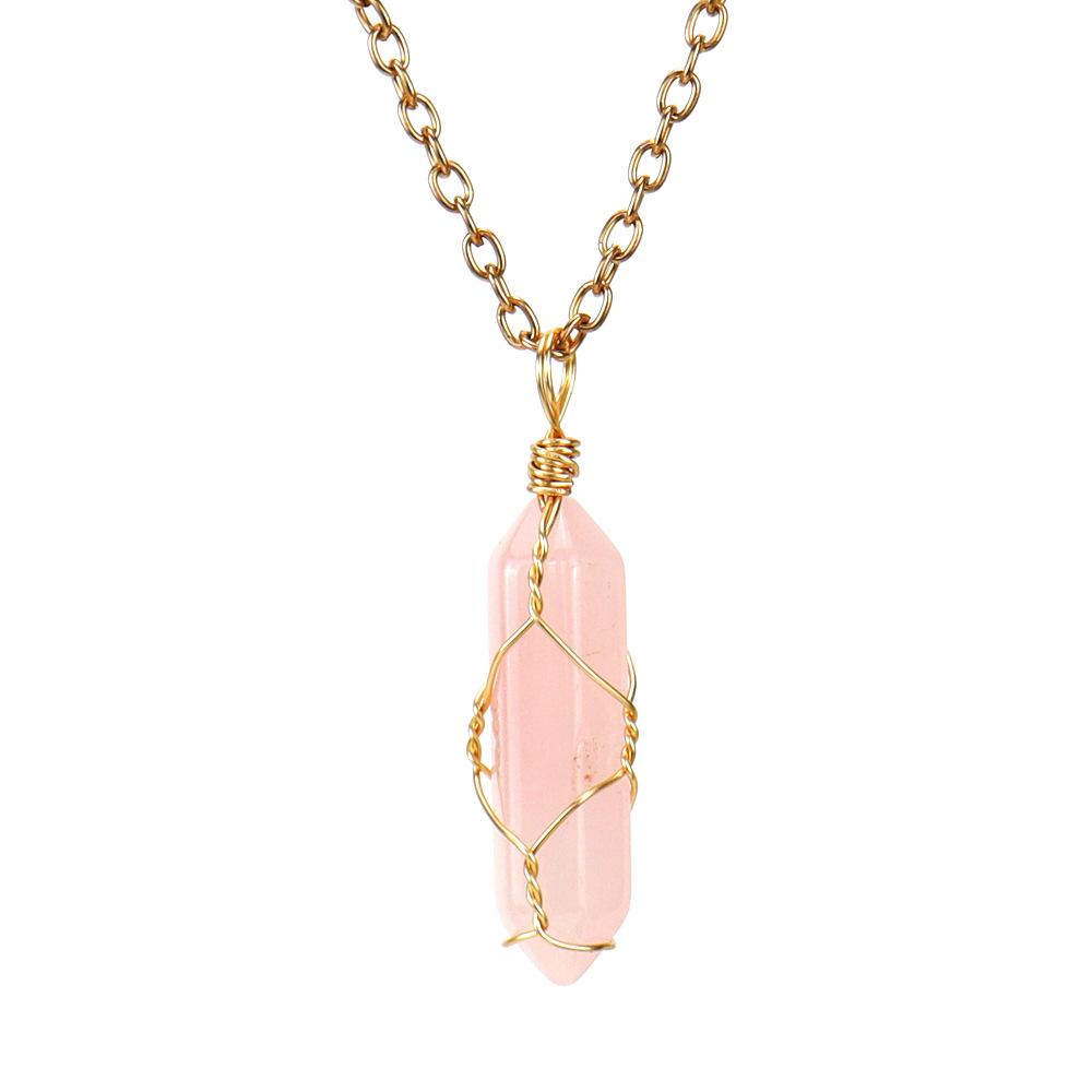 Hand-Wound Natural Stone Crystal Agate Hexagonal Column Pendant Necklace N591