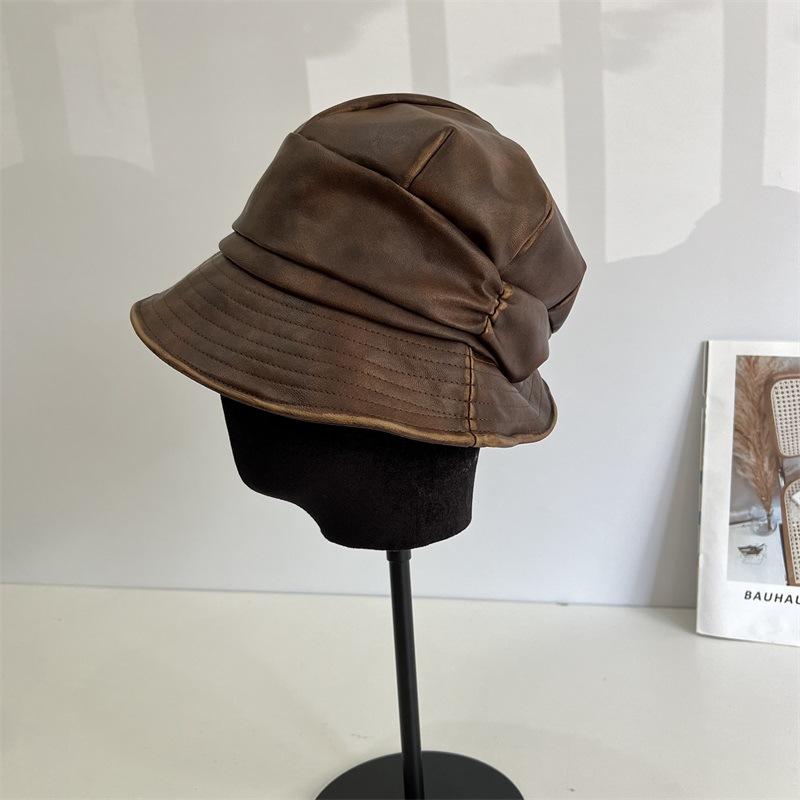 

Теплый плиссированный капюшон Детская осенне-зимняя кожаная панама Универсальная шляпа-ведро Маленькая восьмиугольная шляпа M（56-58cm） коричневый