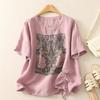 Cotton Short Sleeve T-Shirt Women Summer Hemp Printed Drawstring Loose Casual Round Neck Pullover Tops
