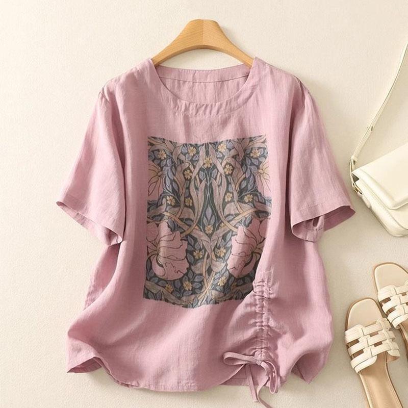 Cotton Short Sleeve T-Shirt Women Summer Hemp Printed Drawstring Loose Casual Round Neck Pullover Tops