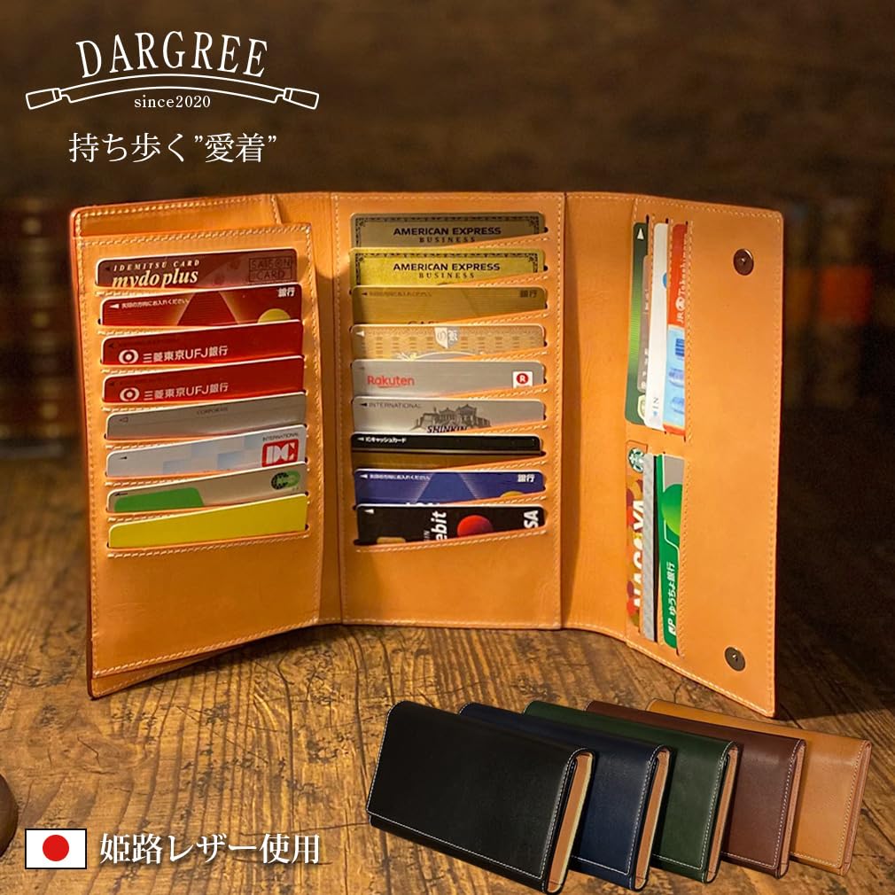 DARGREE Echtleder Langbörse, Dreifach gefaltet, Herren, Große Kapazität, mit Münzfach, Aus Himeji-Leder, Jet Black