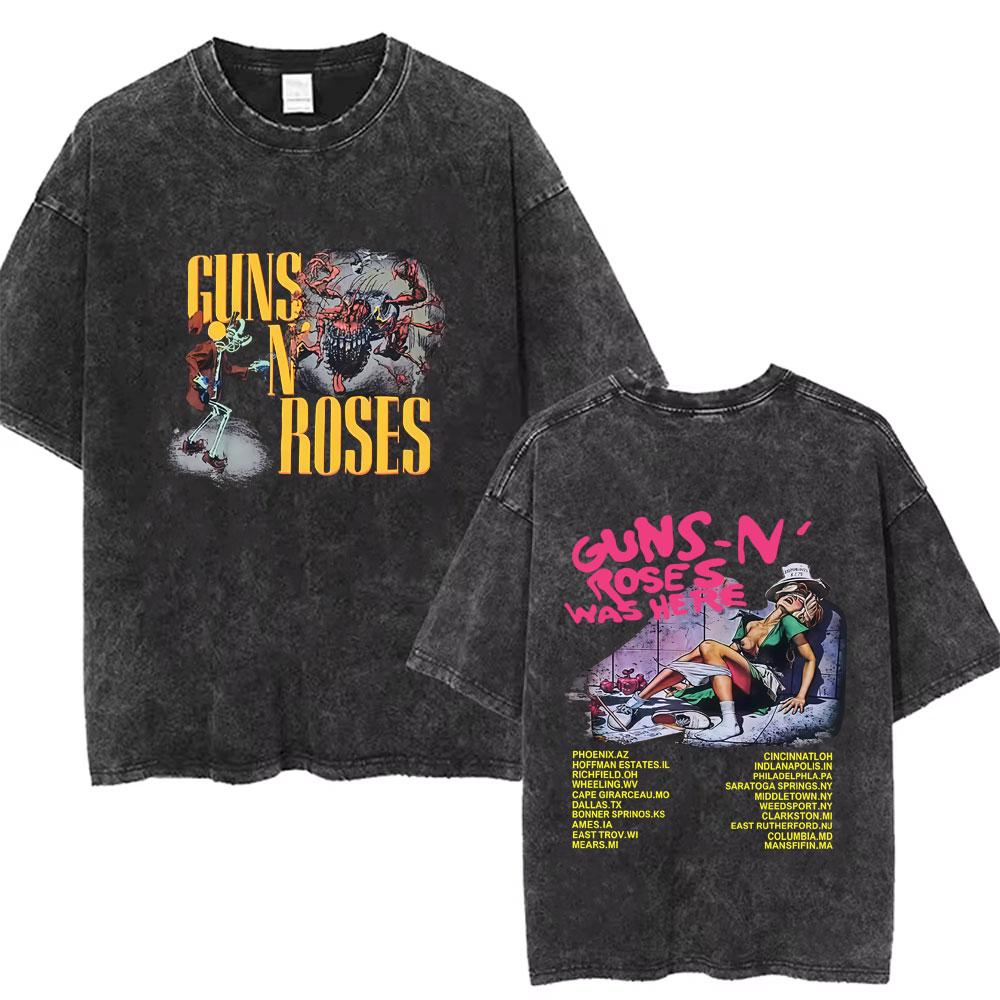 Men Women Guns N Roses Bullet Rose Rock Band Music Washed Vintage Tshirt Male Fashion Oversized Tshirt Men Women Casual Tees