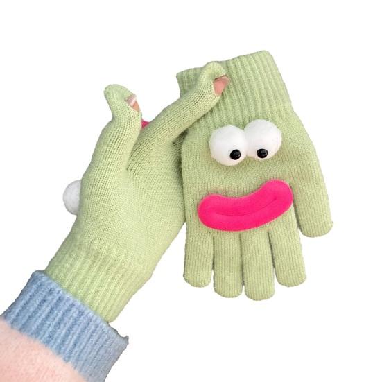 Vtipné kreslené pletené rukavice Roztomilé velké oči Teplé rukavice Zimní žebrované rukavice s dotykovou obrazovkou na řízení, dojíždění, cyklistiku, každodenní pochůzky