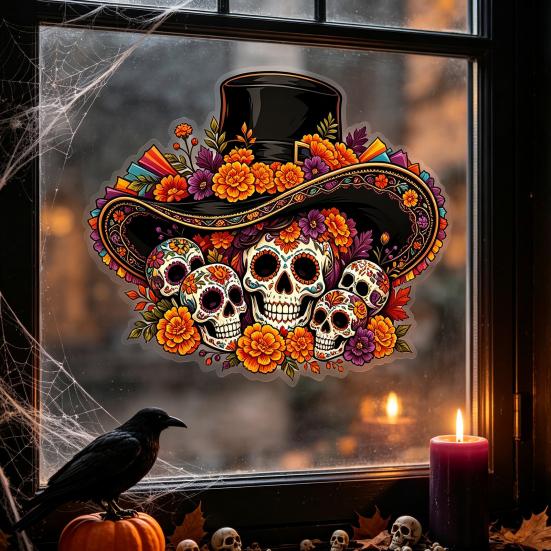 Customizable Cuttable Window Art Day of The Dead Clings, Halloween Top Hat Skull Static Sticker, Indoor Outdoor Glass Murals Colorful