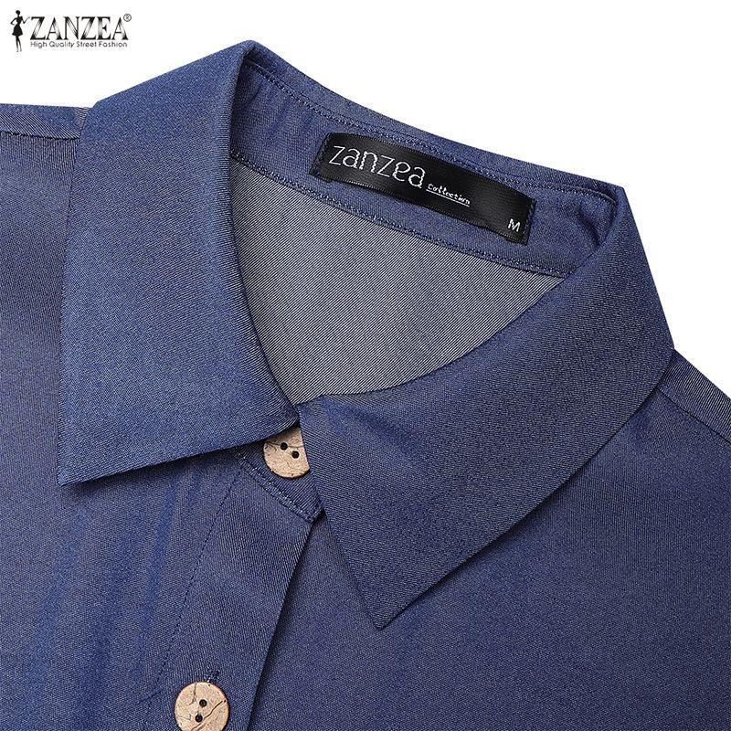 ZANZEA Women Casual Turn Down Collar Loose Long Sleeve Retro Long Dress