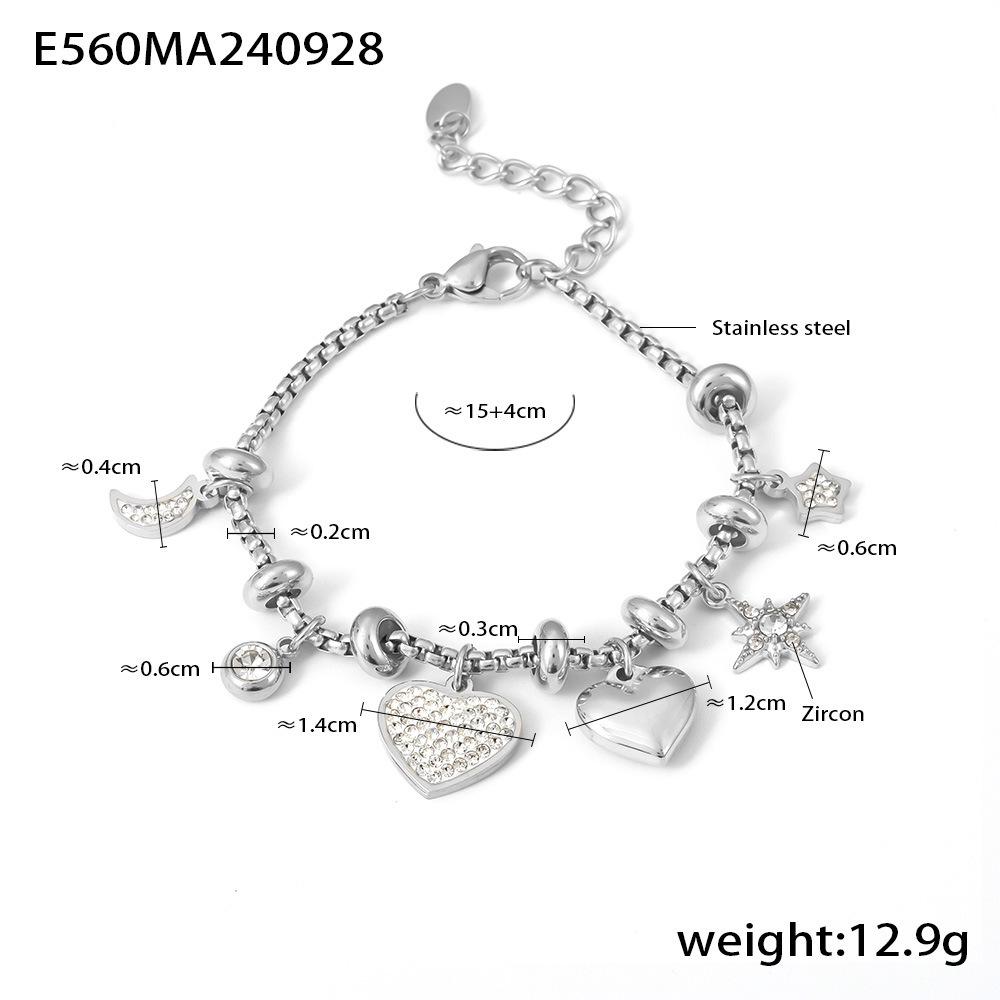European-American Style DIY Zircon Inlaid Bracelet with Eight-Pointed Star, Heart, Moon Stainless Steel Charms for Women