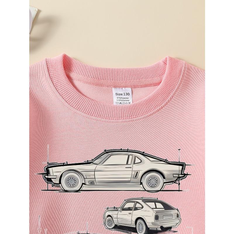 European sizes Classic Muscle Car Blueprint Girls' Crew Neck Fashion Sweatshirt, Autumn Winter Western Top, Long Sleeved Casual.