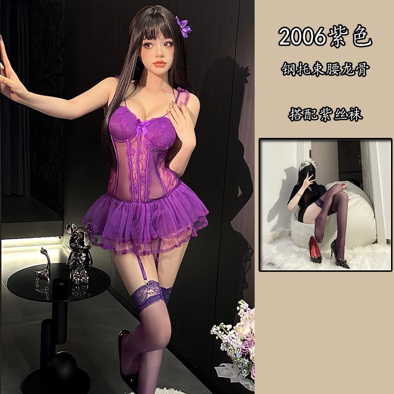 Shi Meisha: Sexy mesh perspective temptation chest pad steel ring gathering slim nightdress sexy underwear women's uniform